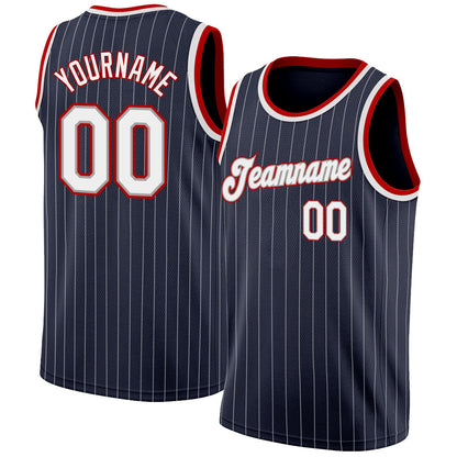 Custom Navy White Pinstripe White-Red Authentic Basketball Jersey - Sky-Custom