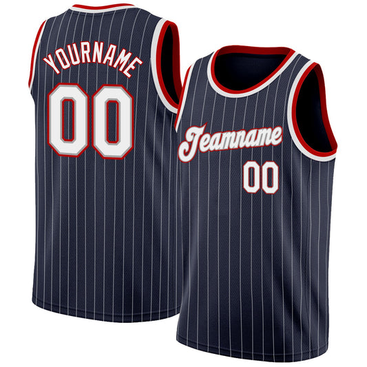 Custom Navy White Pinstripe White-Red Authentic Basketball Jersey - Sky-Custom