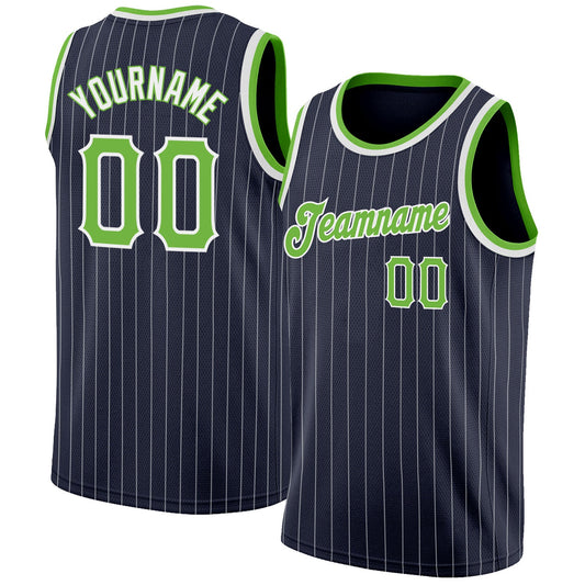 Custom Navy White Pinstripe Neon Green-White Authentic Basketball Jersey - Sky-Custom