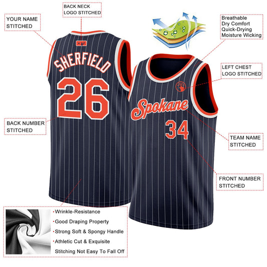 Custom Navy White Pinstripe Orange-White Authentic Basketball Jersey - Sky-Custom