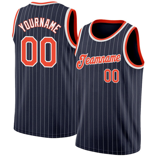 Custom Navy White Pinstripe Orange-White Authentic Basketball Jersey - Sky-Custom