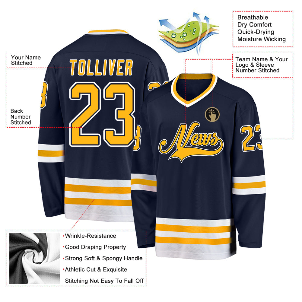 Custom Navy Gold-White Hockey Jersey - Sky-Custom