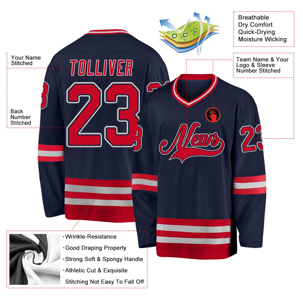 Custom Navy Red-Gray Hockey Jersey - Sky-Custom