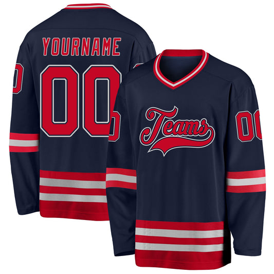 Custom Navy Red-Gray Hockey Jersey - Sky-Custom