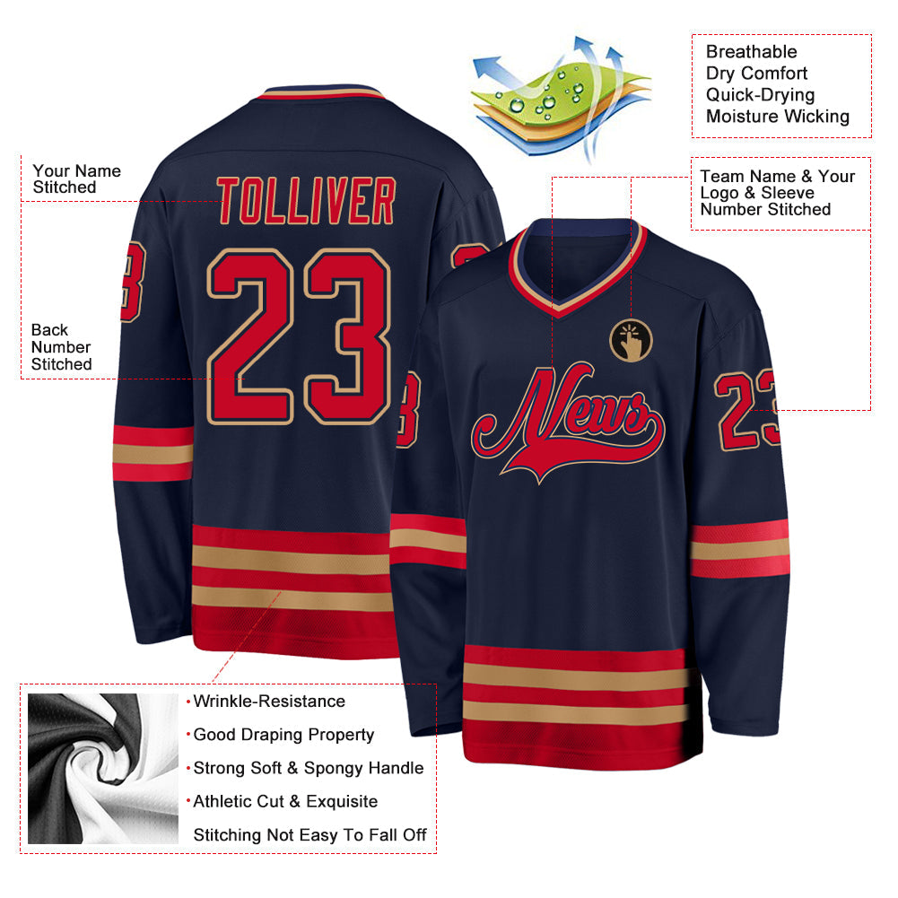 Custom Navy Red-Old Gold Hockey Jersey - Sky-Custom