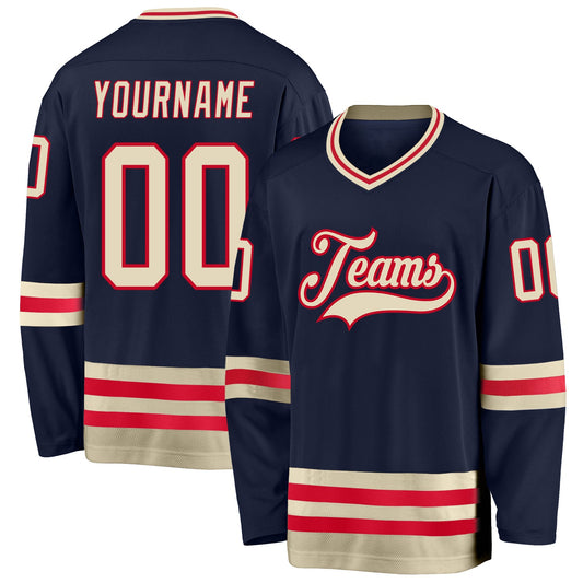 Custom Navy Cream-Red Hockey Jersey - Sky-Custom