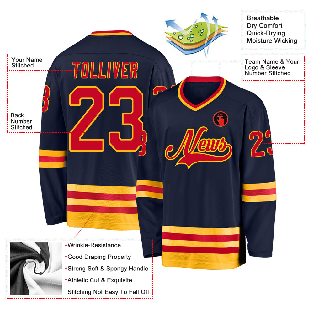 Custom Navy Red-Gold Hockey Jersey - Sky-Custom