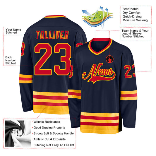 Custom Navy Red-Gold Hockey Jersey - Sky-Custom