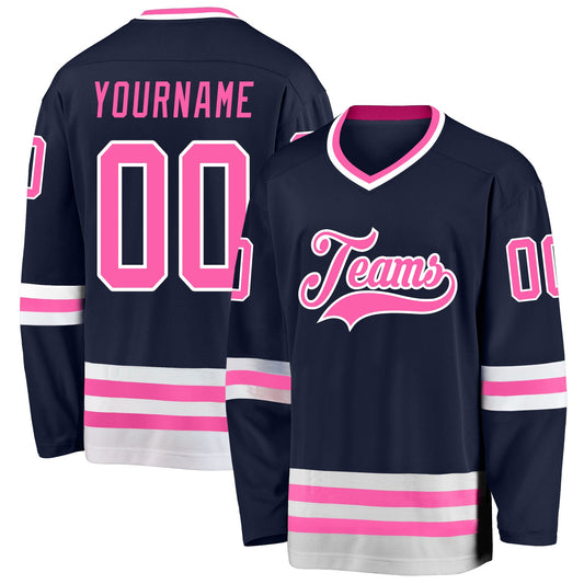 Custom Navy Pink-White Hockey Jersey - Sky-Custom