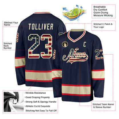 Custom Navy Vintage USA Flag-Cream Hockey Jersey - Sky-Custom