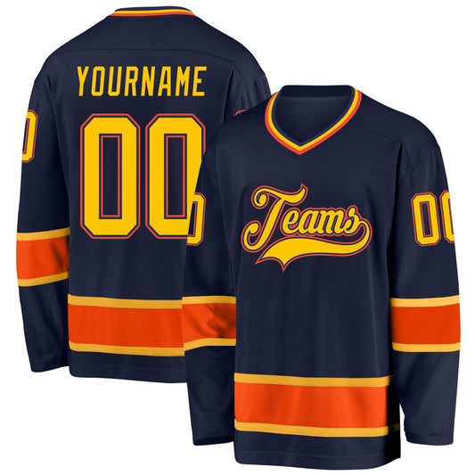 Custom Navy Gold-Orange Hockey Jersey - Sky-Custom