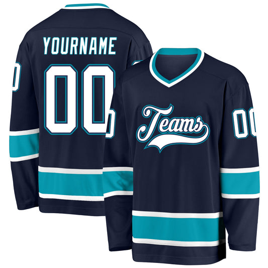 Custom Navy White-Teal Hockey Jersey - Sky-Custom
