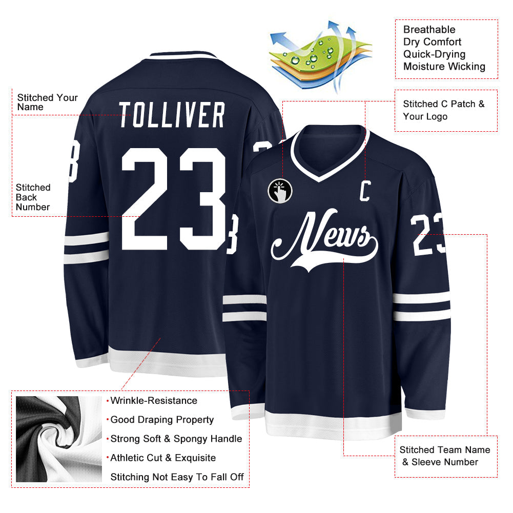 Custom Navy White Hockey Jersey - Sky-Custom