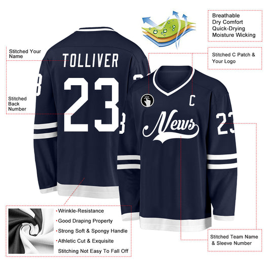 Custom Navy White Hockey Jersey - Sky-Custom