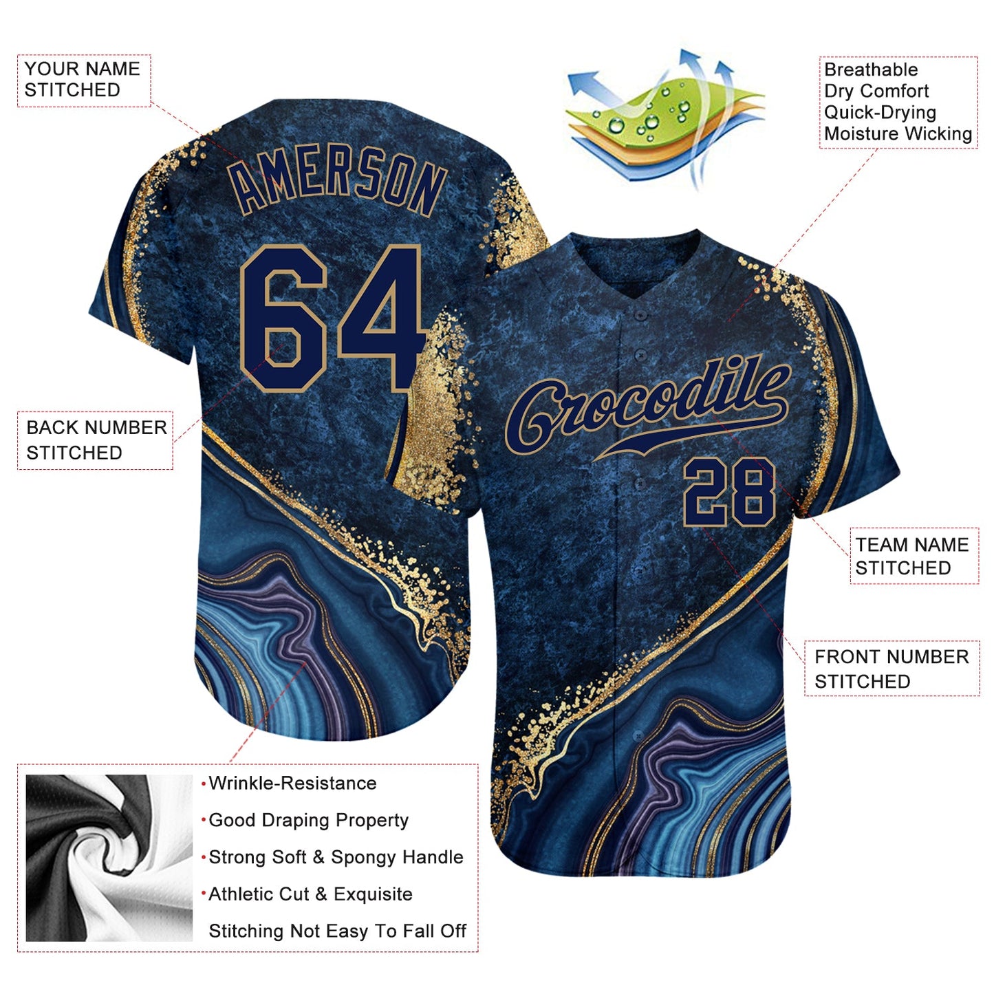 Custom Navy Navy-Old Gold 3D Pattern Design Marble Authentic Baseball Jersey - Sky-Custom