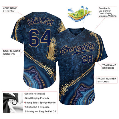 Custom Navy Navy-Old Gold 3D Pattern Design Marble Authentic Baseball Jersey - Sky-Custom