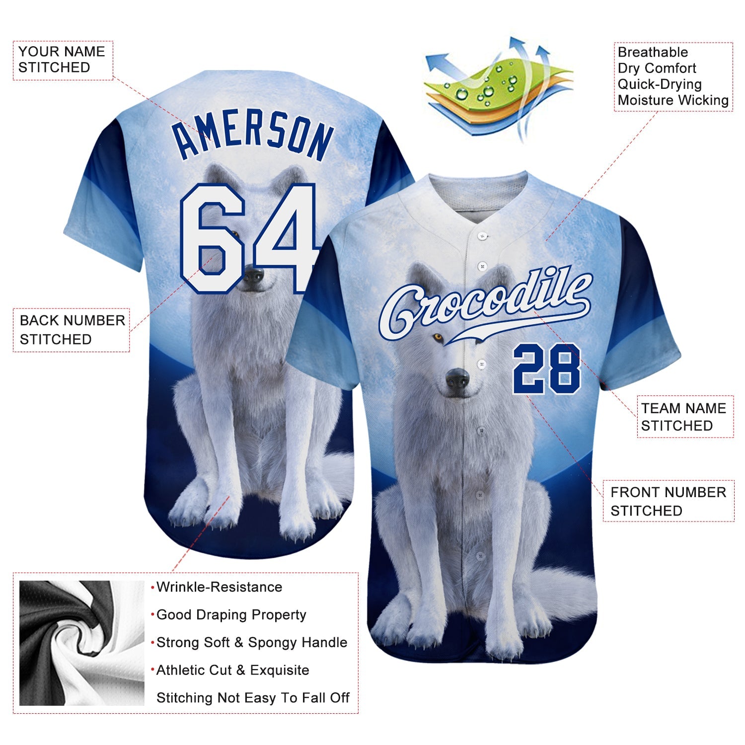 Custom Navy White-Royal 3D Pattern Design Wolf Authentic Baseball Jersey - Sky-Custom