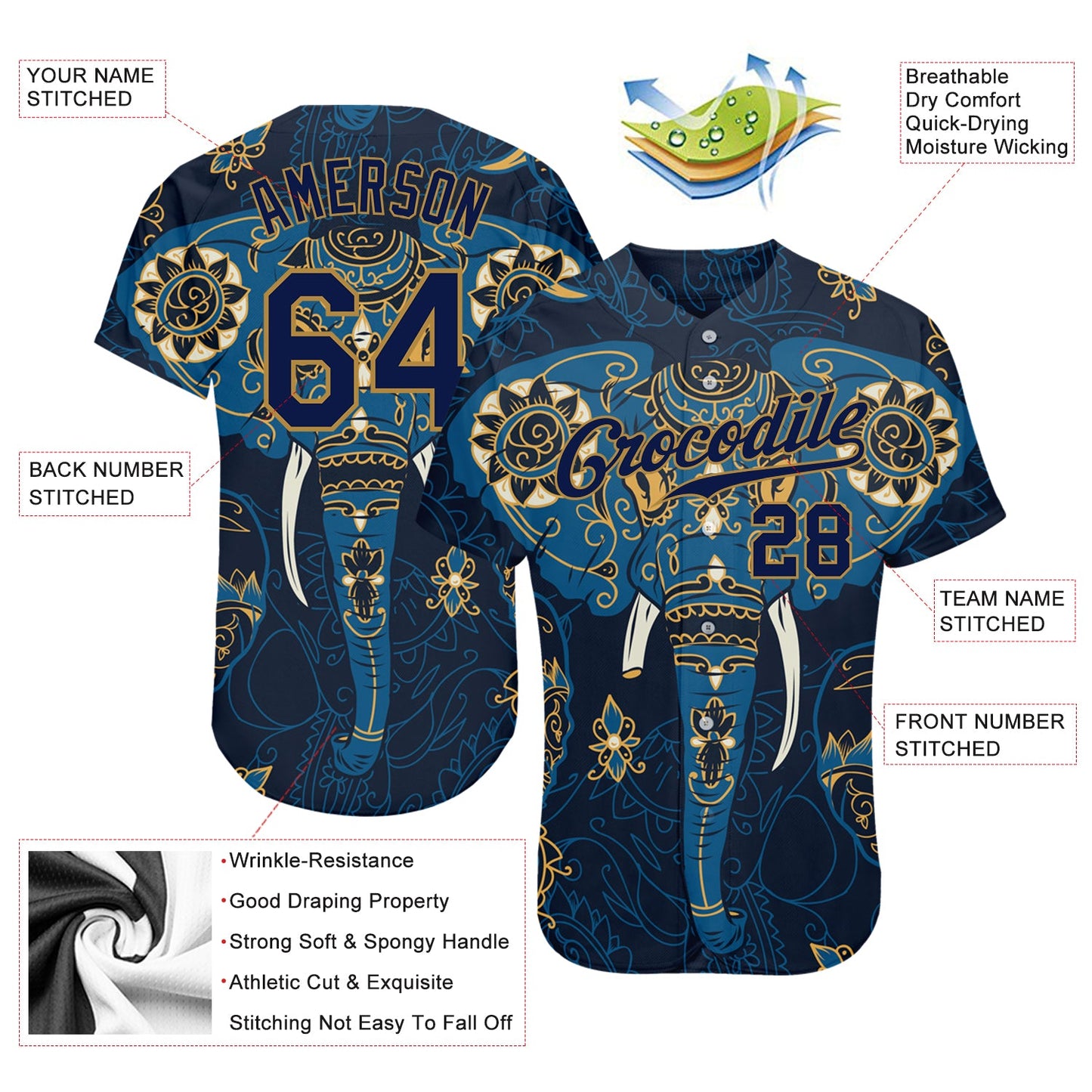 Custom Navy Navy-Old Gold 3D Pattern Design Elephant Authentic Baseball Jersey - Sky-Custom