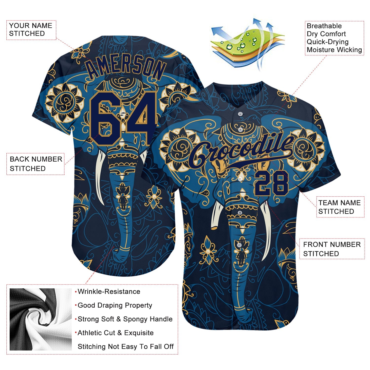 Custom Navy Navy-Old Gold 3D Pattern Design Elephant Authentic Baseball Jersey - Sky-Custom