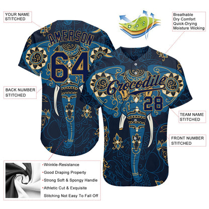 Custom Navy Navy-Old Gold 3D Pattern Design Elephant Authentic Baseball Jersey - Sky-Custom