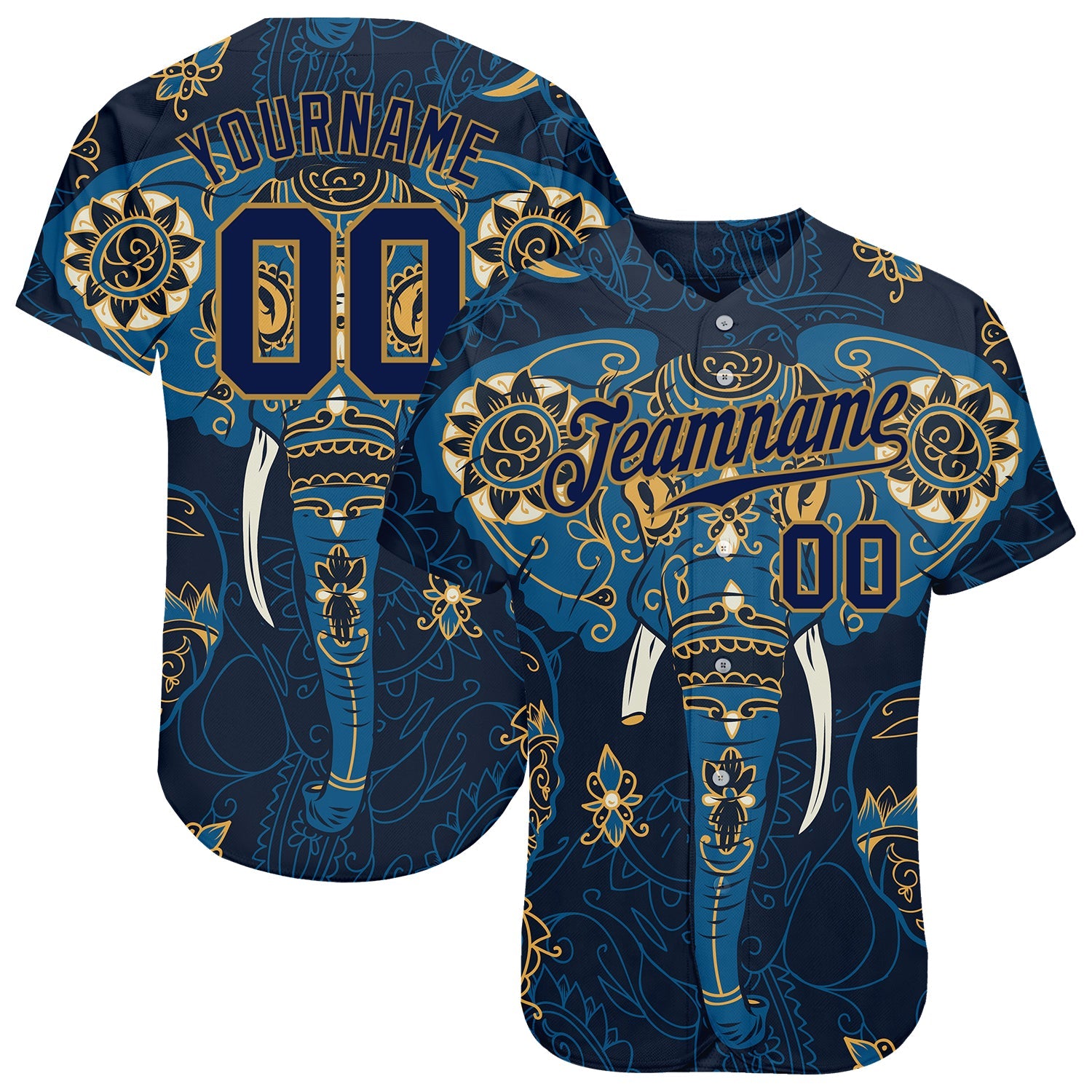 Custom Navy Navy-Old Gold 3D Pattern Design Elephant Authentic Baseball Jersey - Sky-Custom