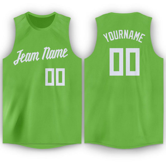 Custom Neon Green White Round Neck Basketball Jersey - Sky-Custom