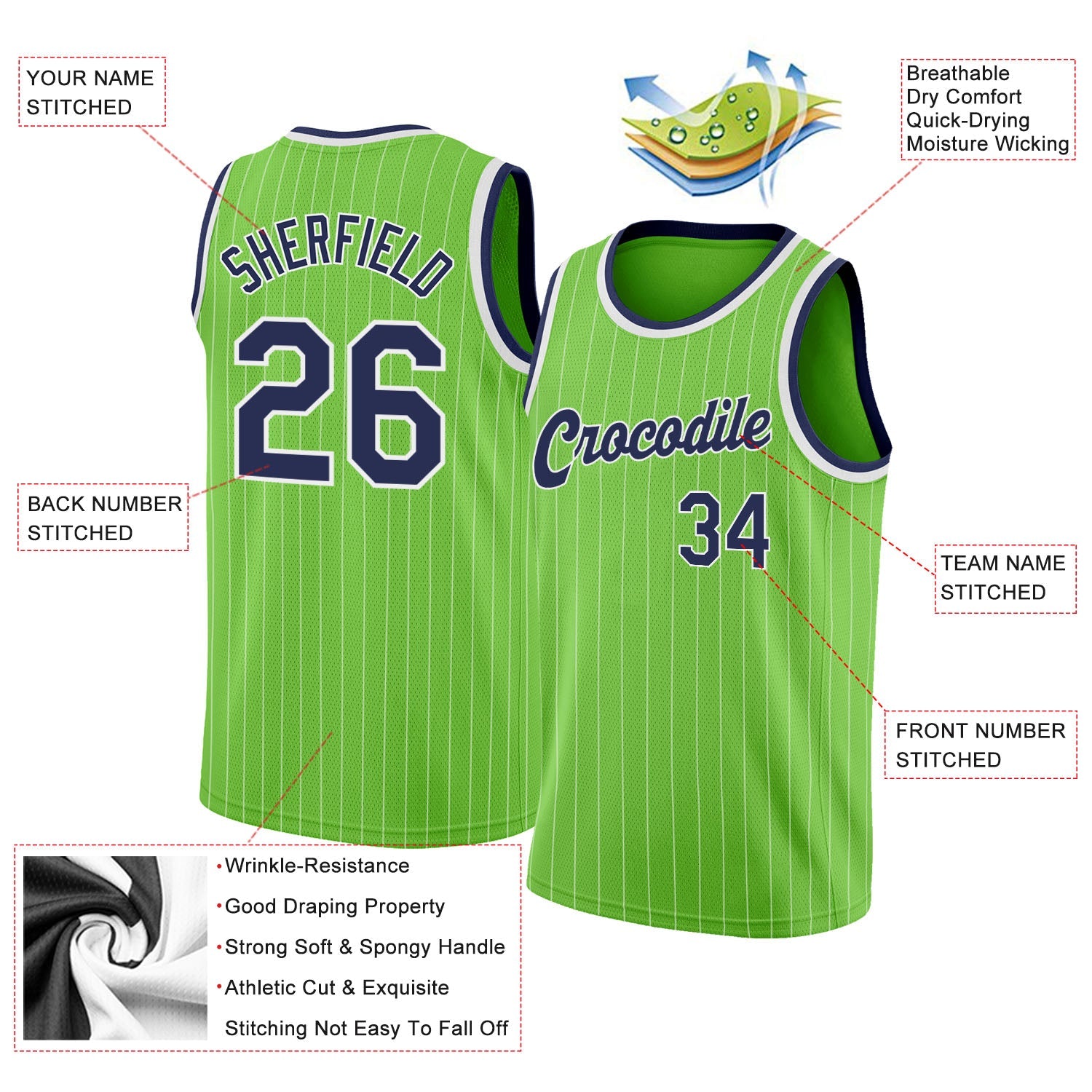 Custom Neon Green White Pinstripe Navy-White Authentic Basketball Jersey - Sky-Custom