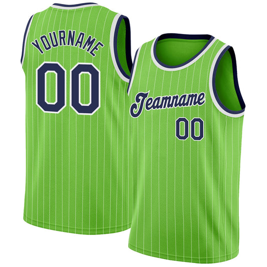 Custom Neon Green White Pinstripe Navy-White Authentic Basketball Jersey - Sky-Custom