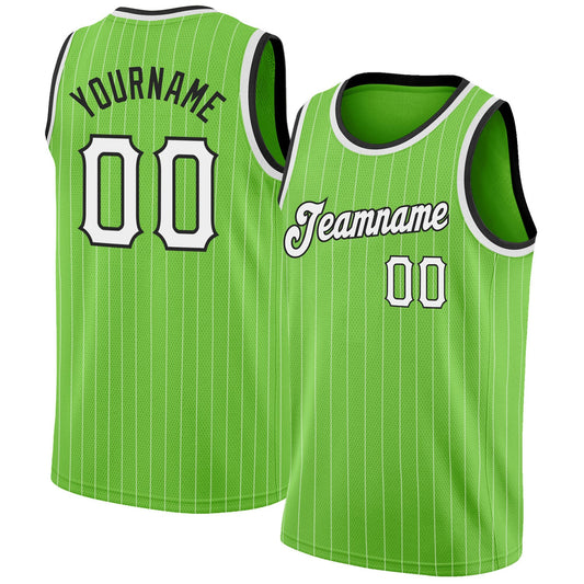 Custom Neon Green White Pinstripe White-Black Authentic Basketball Jersey - Sky-Custom