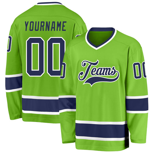 Custom Neon Green Navy-White Hockey Jersey - Sky-Custom