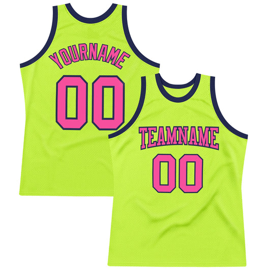 Custom Neon Green Pink-Navy Authentic Throwback Basketball Jersey - Sky-Custom