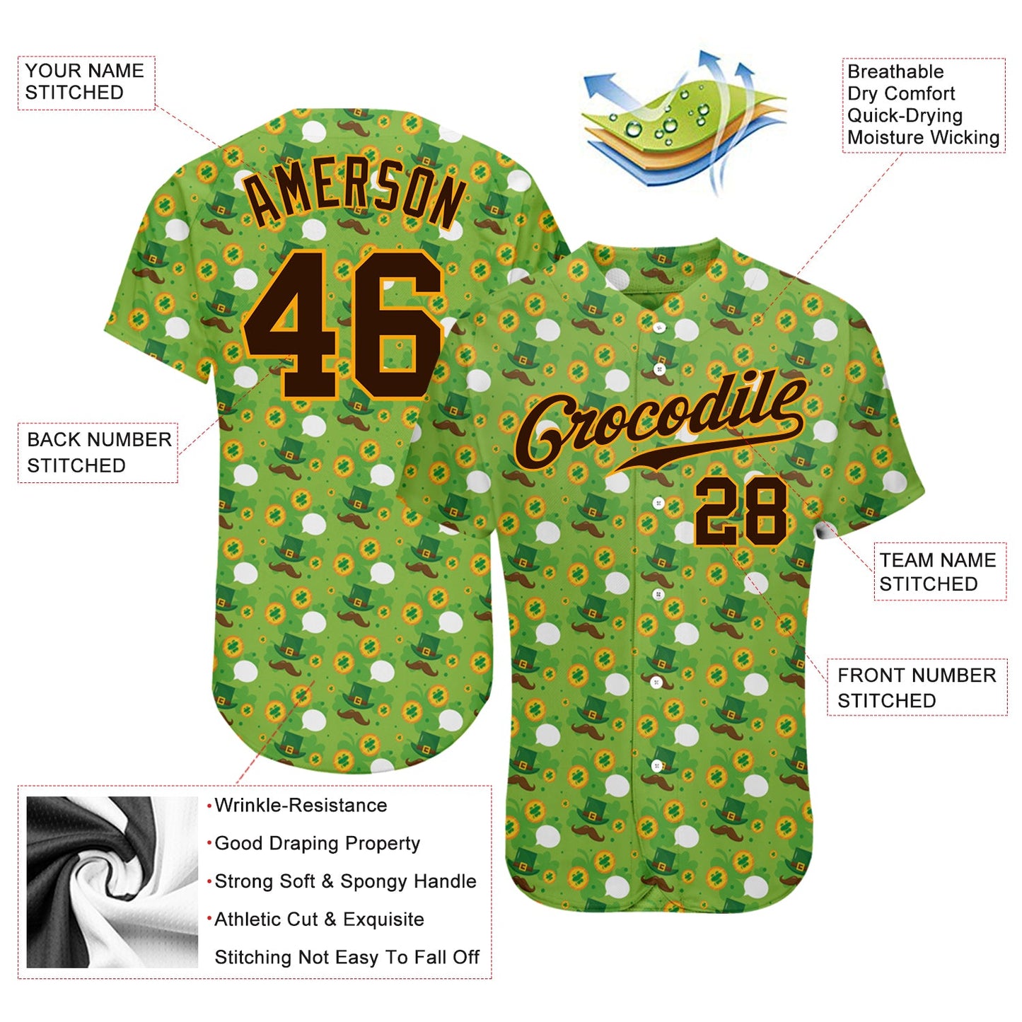 Custom Neon Green Brown-Gold 3D Pattern Design Authentic St. Patrick's Day Baseball Jersey - Sky-Custom