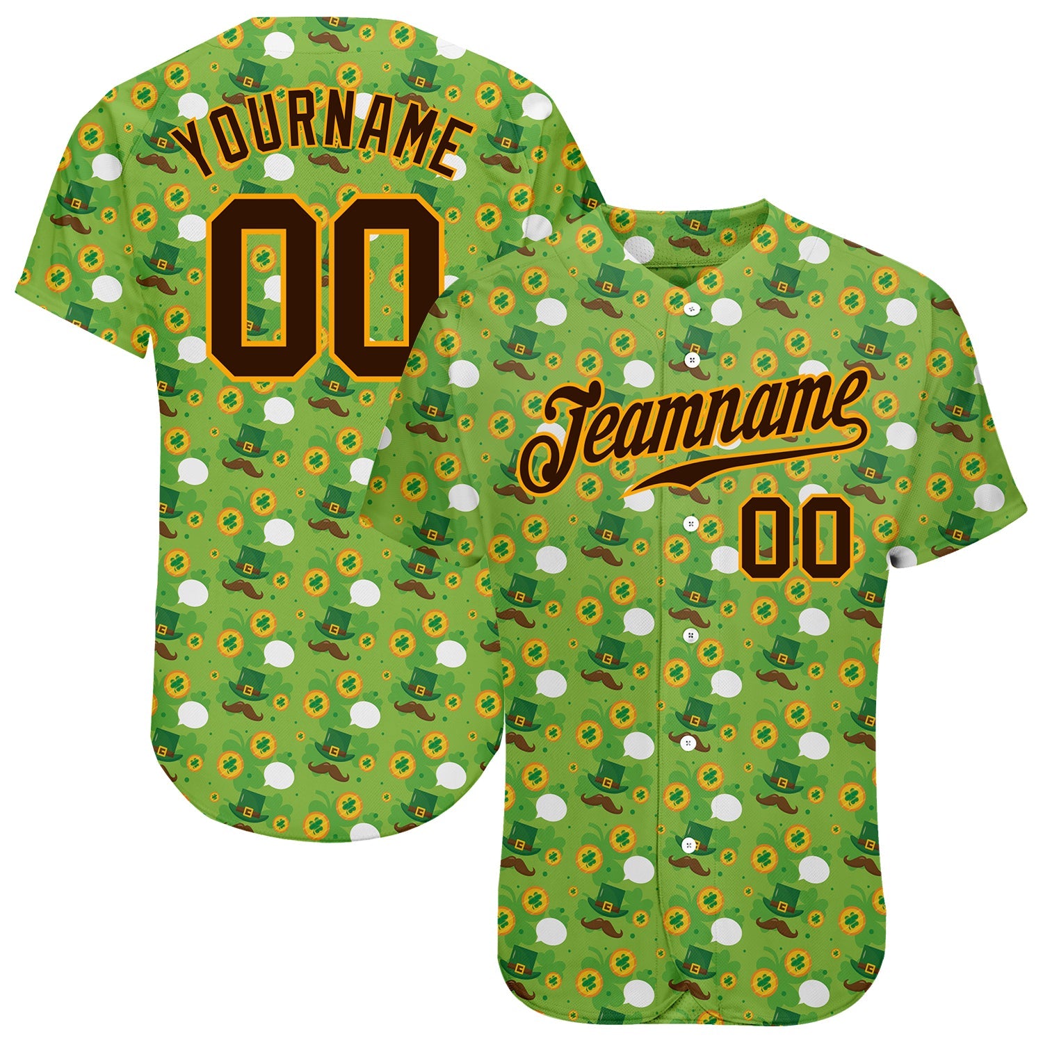 Custom Neon Green Brown-Gold 3D Pattern Design Authentic St. Patrick's Day Baseball Jersey - Sky-Custom