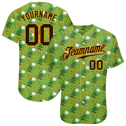 Custom Neon Green Brown-Gold 3D Pattern Design Authentic St. Patrick's Day Baseball Jersey - Sky-Custom