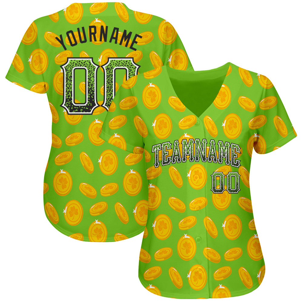 Custom Neon Green Black-White 3D Pattern Design Authentic St. Patrick's Day Drift Fashion Baseball Jersey - Sky-Custom