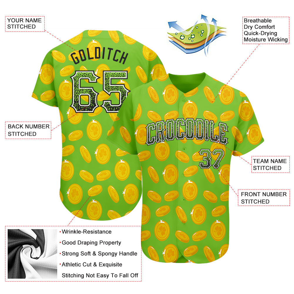 Custom Neon Green Black-White 3D Pattern Design Authentic St. Patrick's Day Drift Fashion Baseball Jersey - Sky-Custom