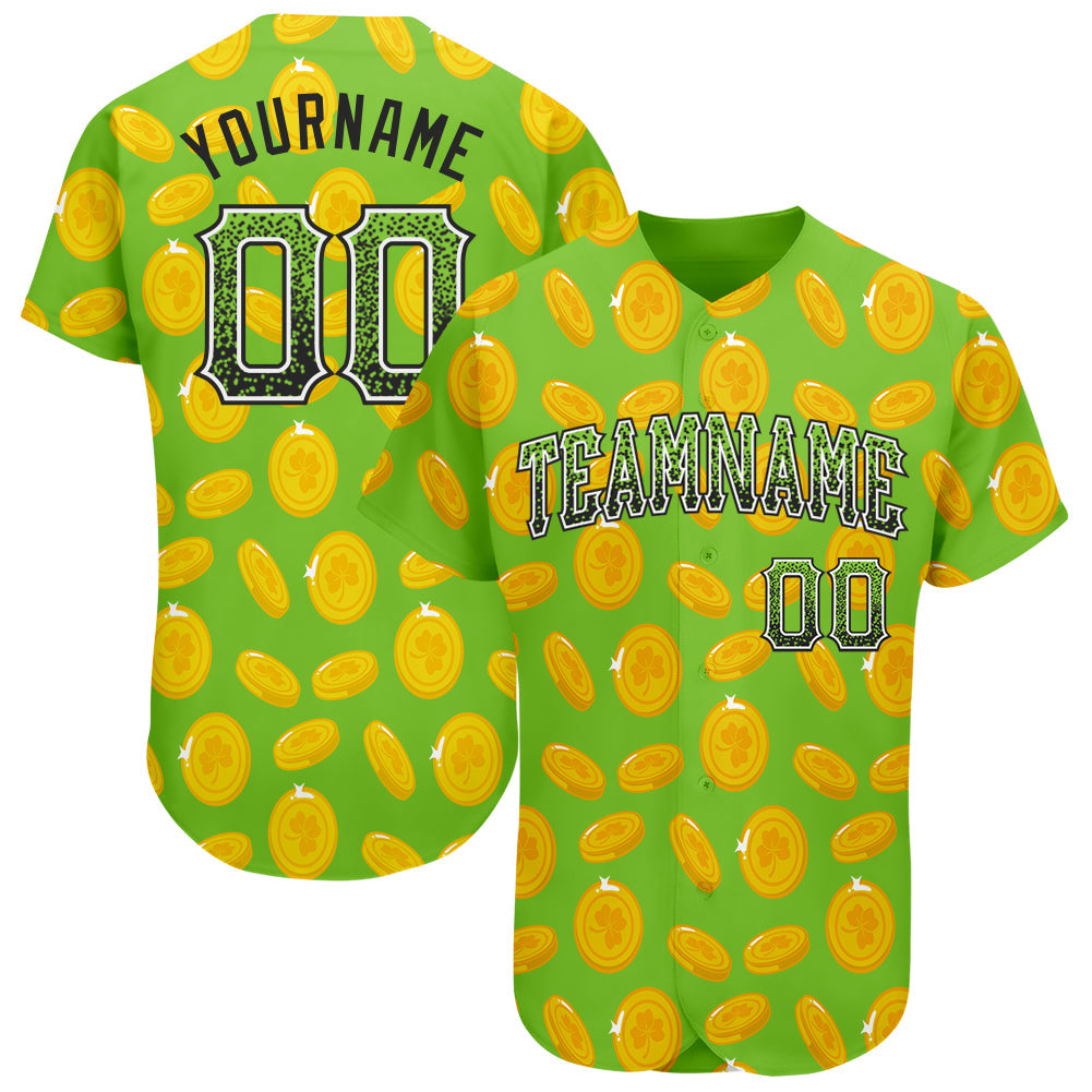 Custom Neon Green Black-White 3D Pattern Design Authentic St. Patrick's Day Drift Fashion Baseball Jersey - Sky-Custom