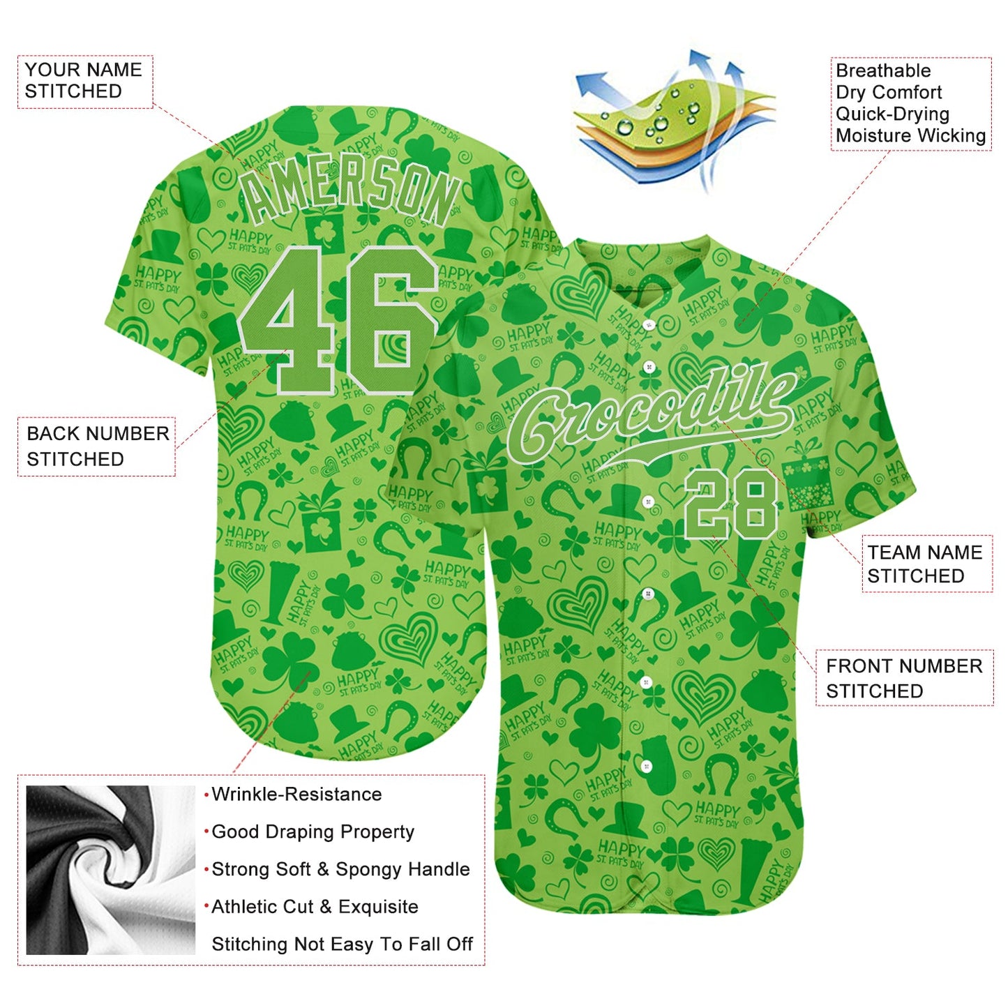 Custom Neon Green Neon Green-White 3D Pattern Design Authentic St. Patrick's Day Baseball Jersey - Sky-Custom