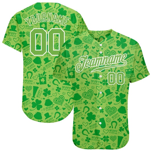 Custom Neon Green Neon Green-White 3D Pattern Design Authentic St. Patrick's Day Baseball Jersey - Sky-Custom