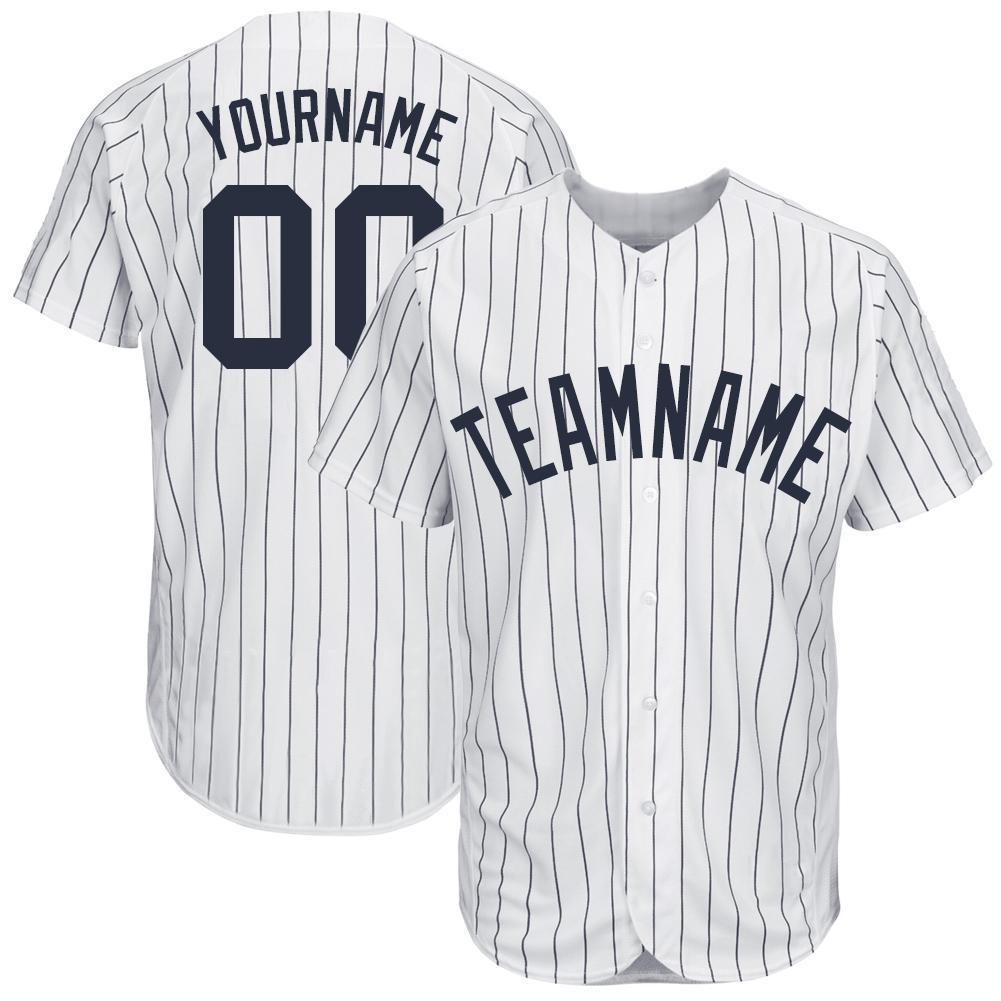 Custom White Navy Pinstripe Navy Baseball Jersey - Sky-Custom