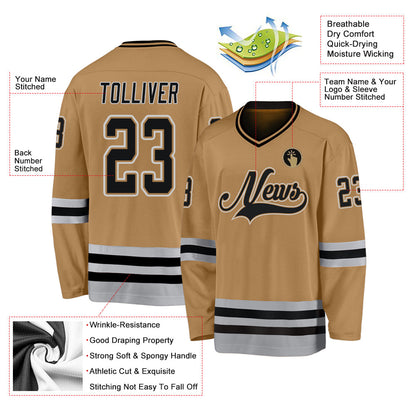 Custom Old Gold Black-Gray Hockey Jersey - Sky-Custom