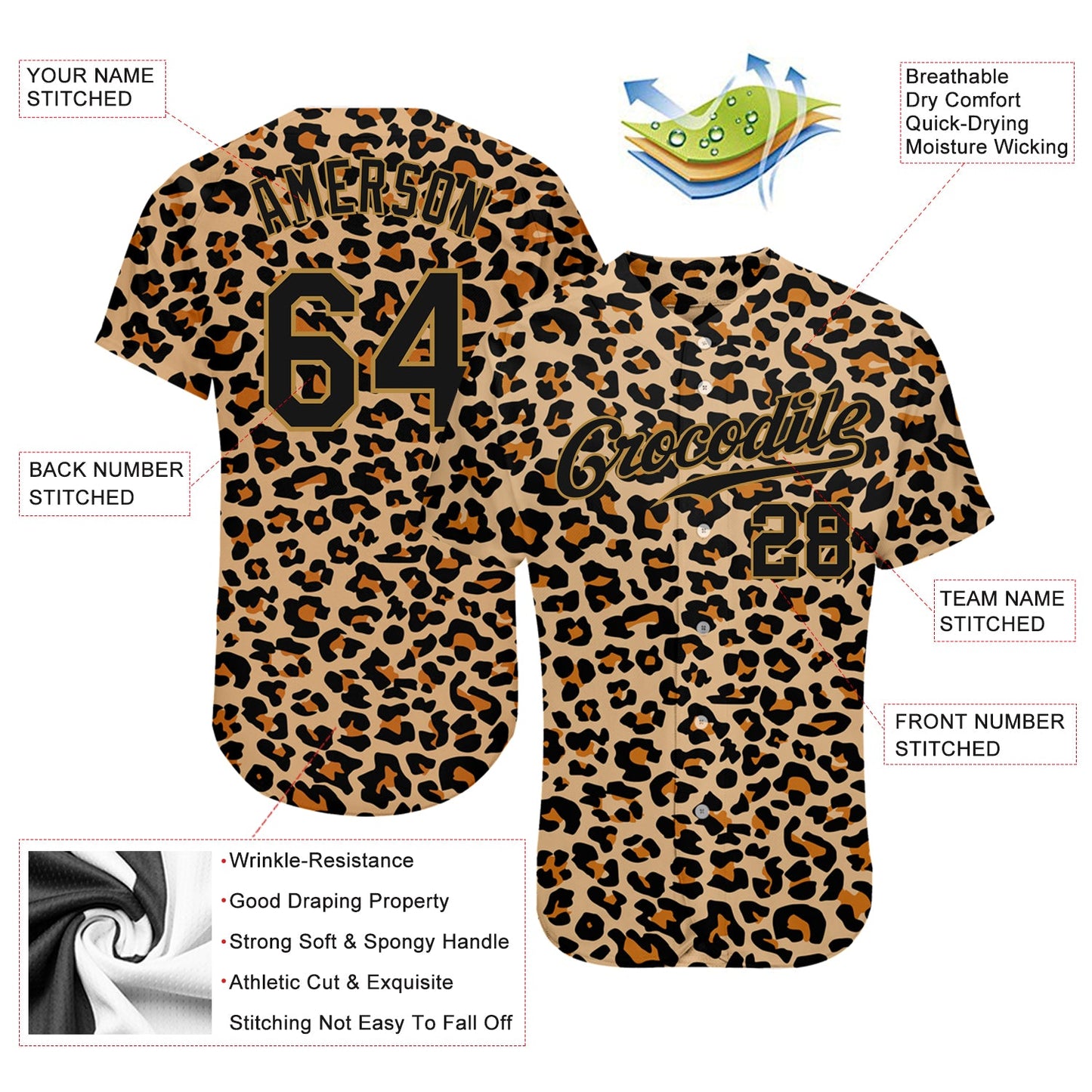 Custom Old Gold Black-Old Gold 3D Pattern Design Leopard Authentic Baseball Jersey - Sky-Custom