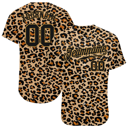 Custom Old Gold Black-Old Gold 3D Pattern Design Leopard Authentic Baseball Jersey - Sky-Custom