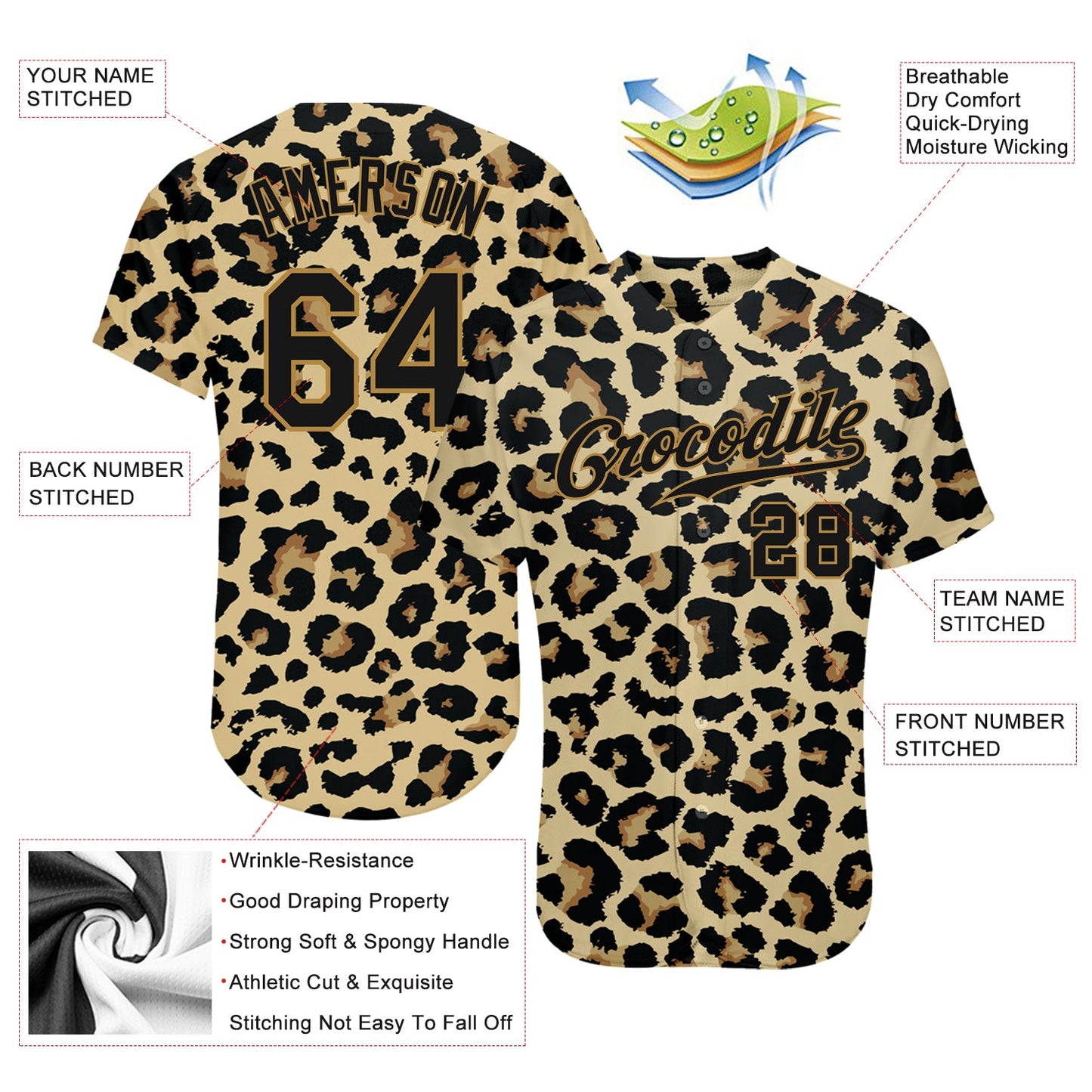 Custom Old Gold Black-Old Gold 3D Pattern Design Leopard Authentic Baseball Jersey - Sky-Custom