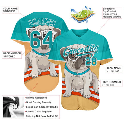 Custom Old Gold Teal-White 3D Pattern Design Puppy Pug Authentic Baseball Jersey - Sky-Custom