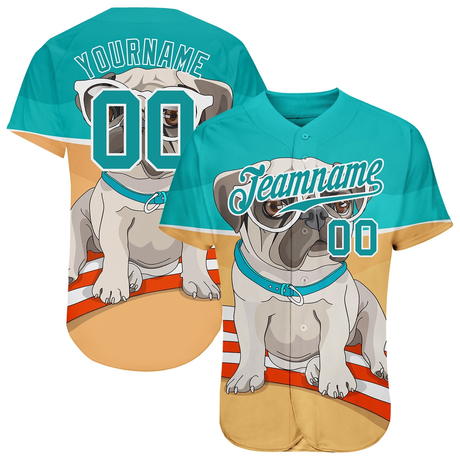 Custom Old Gold Teal-White 3D Pattern Design Puppy Pug Authentic Baseball Jersey - Sky-Custom
