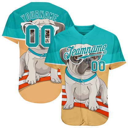Custom Old Gold Teal-White 3D Pattern Design Puppy Pug Authentic Baseball Jersey - Sky-Custom