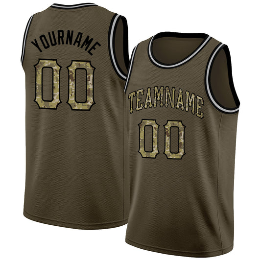 Custom Olive Camo-Black Round Neck Rib-Knit Salute To Service Basketball Jersey - Sky-Custom