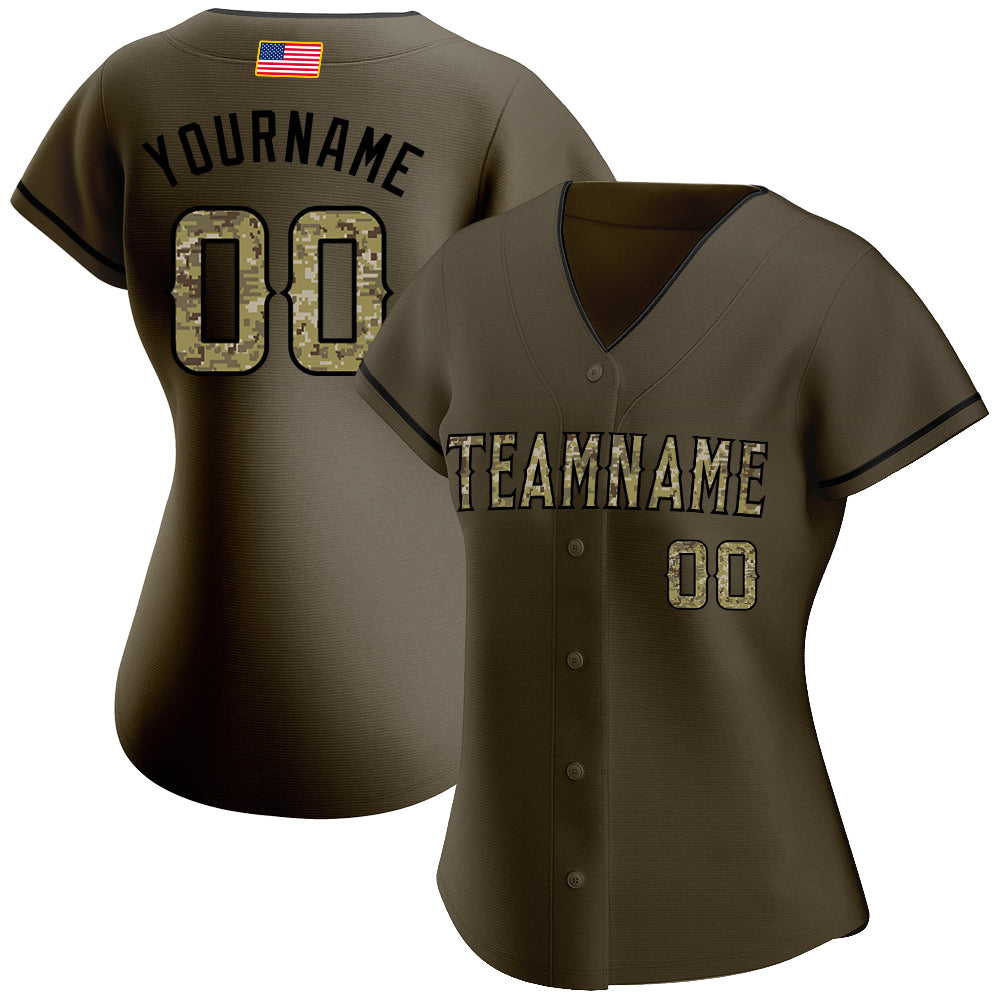 Custom Olive Camo-Black Authentic American Flag Fashion Salute To Service Baseball Jersey - Sky-Custom