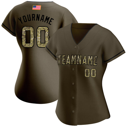 Custom Olive Camo-Black Authentic American Flag Fashion Salute To Service Baseball Jersey - Sky-Custom